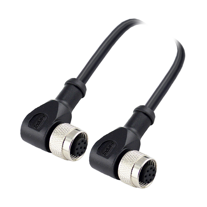 M12 8pins A code female right angle to female right angle molded cable,unshielded,PVC,-10°C~+80°C,24AWG 0.25mm²,brass with nickel plated screw